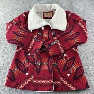 Western Aztec‎ Sherpa Lined Wool Jacket Womens XL Red Tribal Ranch Cowboy Coat